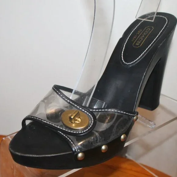 $195 Coach Cagney Wooden Heels Signature Turn Lock Sandals Slides 9.5 - Picture 2 of 8